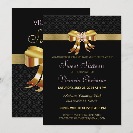 Birthday - uitnodiging voor Chic Gold Ribbon (Voorkant / Achterkant)