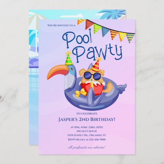 Birthday-uitnodiging voor Cool Dog Pool Kaart (Voorkant / Achterkant)