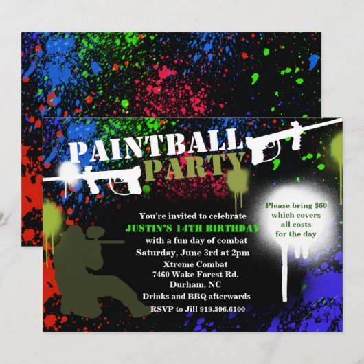 Birthday-uitnodiging voor de Paintball Party Kaart (Voorkant / Achterkant)