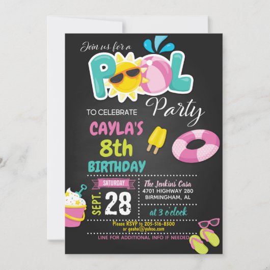 Birthday-uitnodiging voor de pool - meisje kaart (Voorkant)