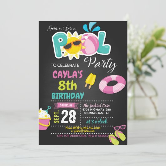 Birthday-uitnodiging voor de pool - meisje kaart (Staand voorkant)