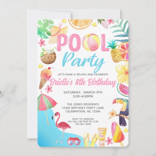 Birthday-uitnodiging voor de pool - zwom kaart (Voorkant)