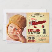 Birthday-uitnodiging voor een  Rode Retro-vliegtui Kaart (Voorkant)