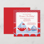 Birthday - uitnodiging voor een roodblauwe boot (Voorkant / Achterkant)