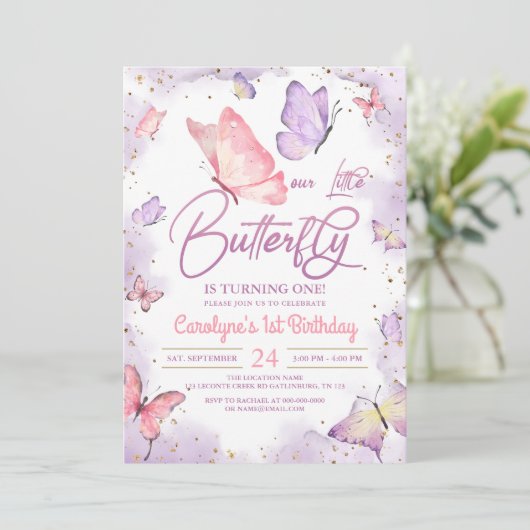Birthday - uitnodiging voor een roze meisje (Staand voorkant)