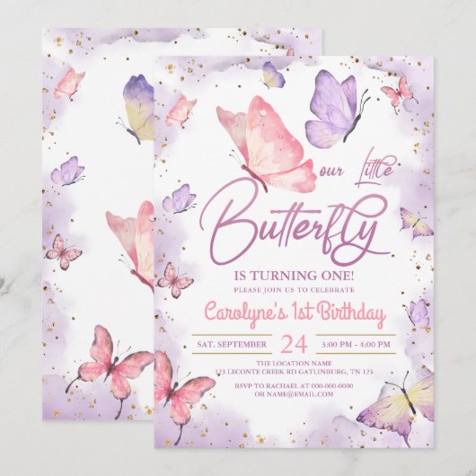 Birthday - uitnodiging voor een roze meisje (Voorkant / Achterkant)