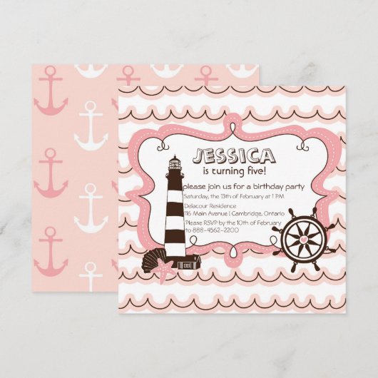 Birthday - uitnodiging voor een roze vuurtoren (Voorkant / Achterkant)