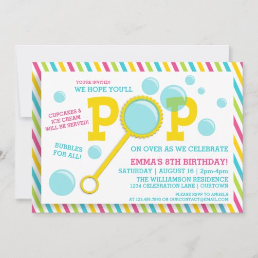 Birthday-uitnodiging voor het meisje in de bellenp kaart (Voorkant)