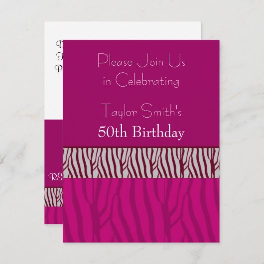 Birthday - uitnodiging voor Hot Pink Zebra Pattern (Voorkant / Achterkant)