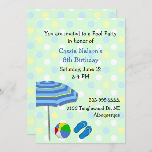 Birthday-uitnodiging voor kleurrijke pool kaart (Voorkant / Achterkant)