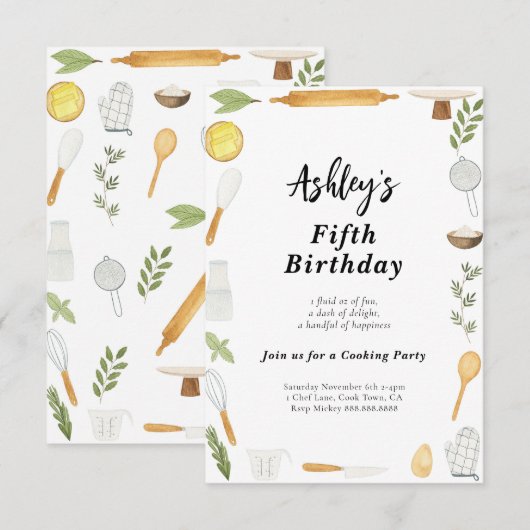Birthday - uitnodiging voor koken en bakken voor k (Voorkant / Achterkant)