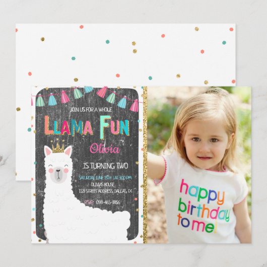 Birthday-uitnodiging voor Llama Chalkboard met fot Kaart (Voorkant / Achterkant)