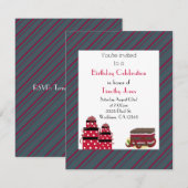 Birthday-uitnodiging voor rode en grijze stripes kaart (Voorkant / Achterkant)