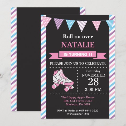 Birthday-uitnodiging voor rolschaatsen kaart (Voorkant / Achterkant)
