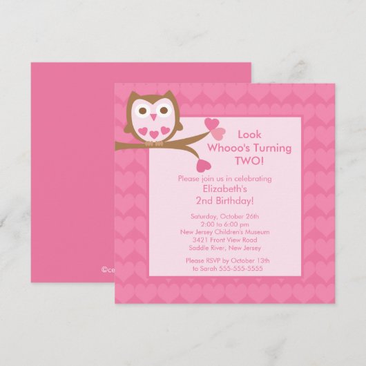 Birthday Uitnodiging voor Roze Heart Owl (Voorkant / Achterkant)