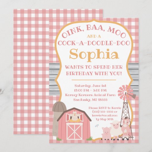 Birthday - uitnodiging voor roze wilde dieren (Voorkant / Achterkant)