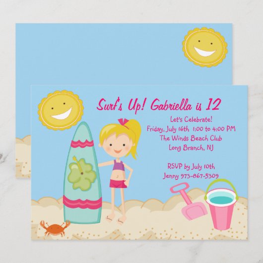 Birthday uitnodiging voor Surfer Girl Beach (Voorkant / Achterkant)