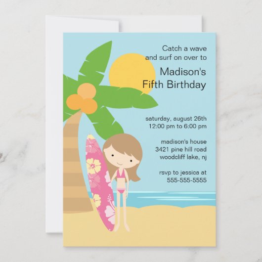 Birthday uitnodiging voor Surfer Girl Swimming (Voorkant)