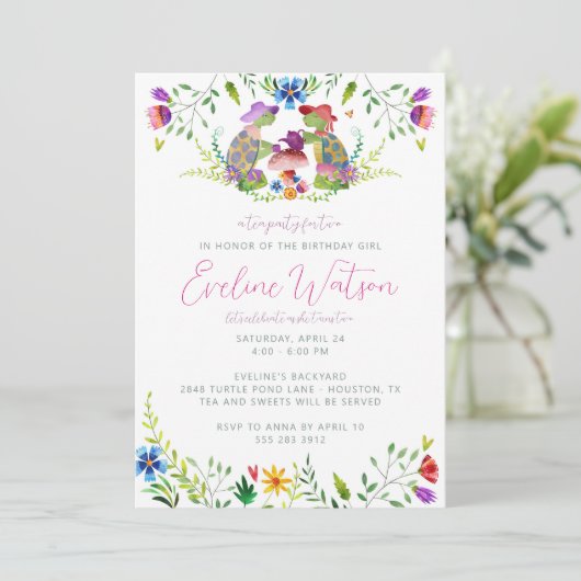 Birthday-uitnodiging voor Turtle Tea Party Kaart (Staand voorkant)