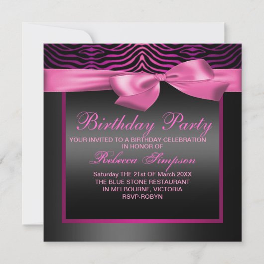 Birthday-uitnodiging voor Zebra Print Pink & Black Kaart (Voorkant)