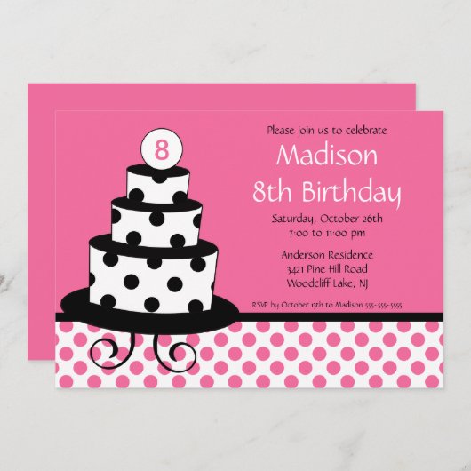 Birthday - uitnodiging voor zwarte, witte en roze  (Voorkant / Achterkant)