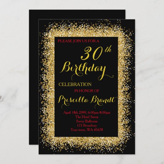 Birthday-uitnodiging, zwart, confetti, glitter, go kaart (Voorkant / Achterkant)