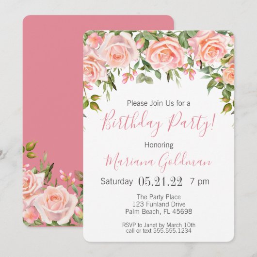 Birthday Uitnodigingen Roze Floral Moderne Partij (Voorkant / Achterkant)