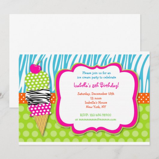 Birthday-uitnodigingen van Ice Cream Party Kaart (Voorkant / Achterkant)