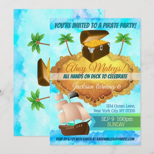 Birthday-uitnodigingen van Pirate Party Kaart (Voorkant / Achterkant)