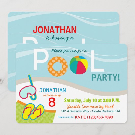 Birthday-uitnodigingskaart voor pool kaart (Voorkant / Achterkant)