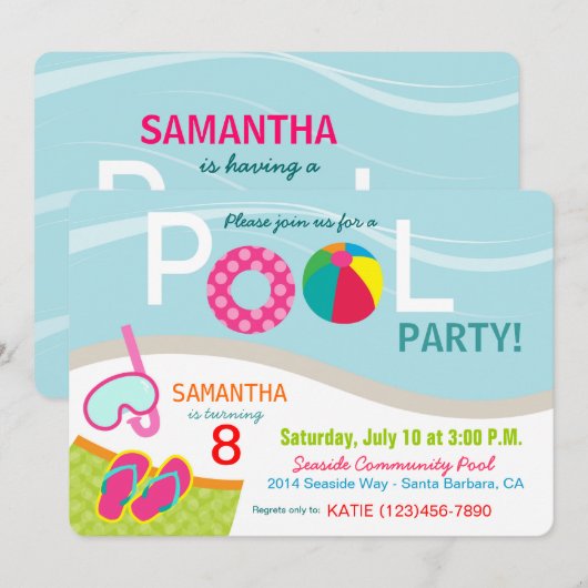 Birthday-uitnodigingskaart voor pool kaart (Voorkant / Achterkant)