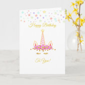 Birthday unicorn, meerkleurige sterren & bloemen kaart (Gele Bloem)