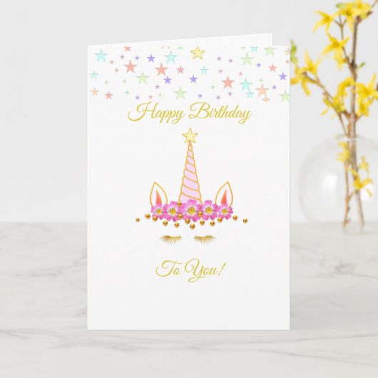Birthday unicorn, meerkleurige sterren & bloemen kaart (Gele Bloem)