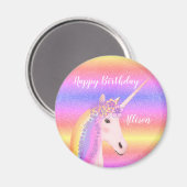 Birthday Unicorn Pastel Rainbow Glitter Name Magneet (Voorkant / Achterkant)
