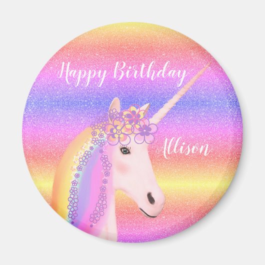 Birthday Unicorn Pastel Rainbow Glitter Name Magneet (Voorkant)