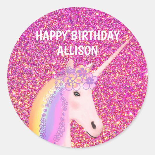 Birthday Unicorn Pink Glitter Glam Persoonlijk Ronde Sticker (Voorkant)