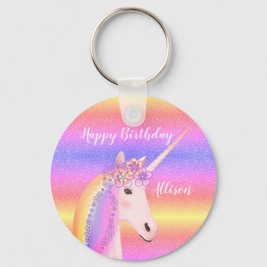Birthday Unicorn Rainbow Glitter Personeelsformati Sleutelhanger (Voorkant)