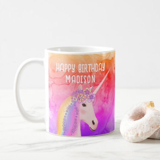 Birthday Unicorn Rainbow Waterverf op persoonlijke Koffiemok (Met donut)