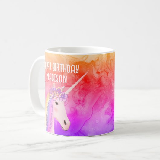 Birthday Unicorn Rainbow Waterverf op persoonlijke Koffiemok (Voorkant links)