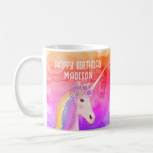 Birthday Unicorn Rainbow Waterverf op persoonlijke Koffiemok (Links)