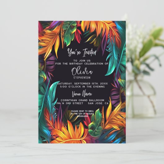 Birthday | Vet Neon Tropisch gebladerte Kaart (Staand voorkant)