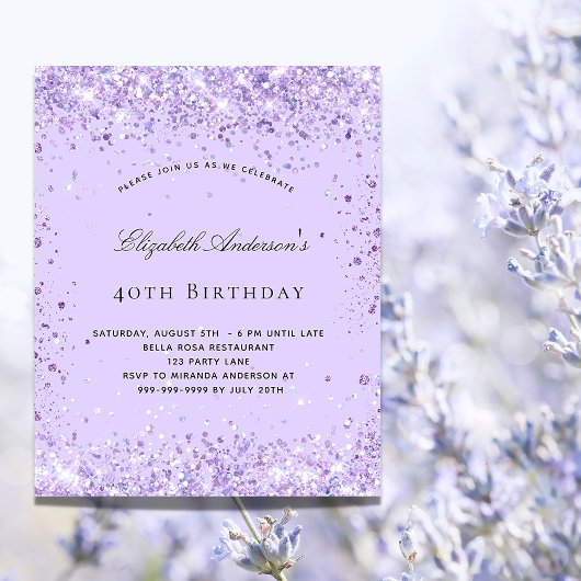Birthday violet glitter script budgetuitnodiging flyer
