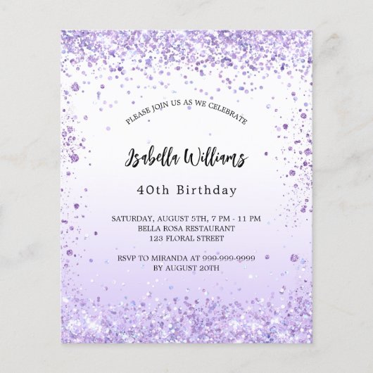 Birthday violet lavender budget uitnodiging (Voorkant)