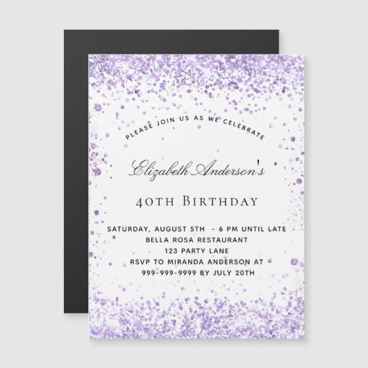 Birthday violet lavender glitter magnet uitnodigin (Voorkant / Achterkant)