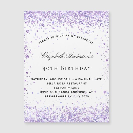 Birthday violet lavender glitter magnet uitnodigin (Voorkant)