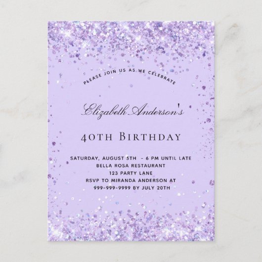 Birthday violet lavender glitter stofscript uitnodiging briefkaart (Voorkant)