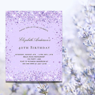 Birthday violet lavender glitter stofscript uitnodiging briefkaart