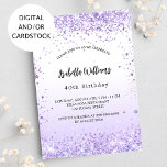 Birthday violet lavender sparkles kaart<br><div class="desc">Voor een elegante 40e (of om het even welke leeftijd) verjaardagsfeestje. Een witte en violetverloopachtergrond. Gedrooid met violet faux glitter,  sparkles. Pas een naam en partijdetails aan en voeg deze toe. De naam wordt geschreven met een handgeschreven stijlmanuscript</div>