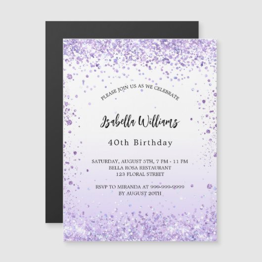 Birthday violet lavender sparkles script luxe magnetische uitnodiging (Voorkant / Achterkant)
