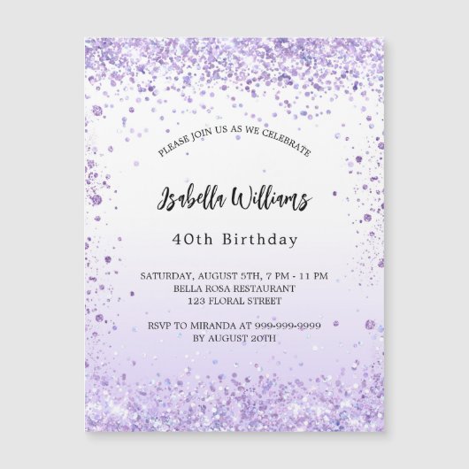 Birthday violet lavender sparkles script luxe magnetische uitnodiging (Voorkant)